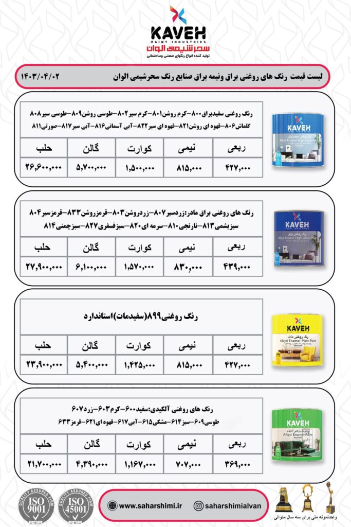 لیست قیمت رنگ های روغنی براق و نیمه براق