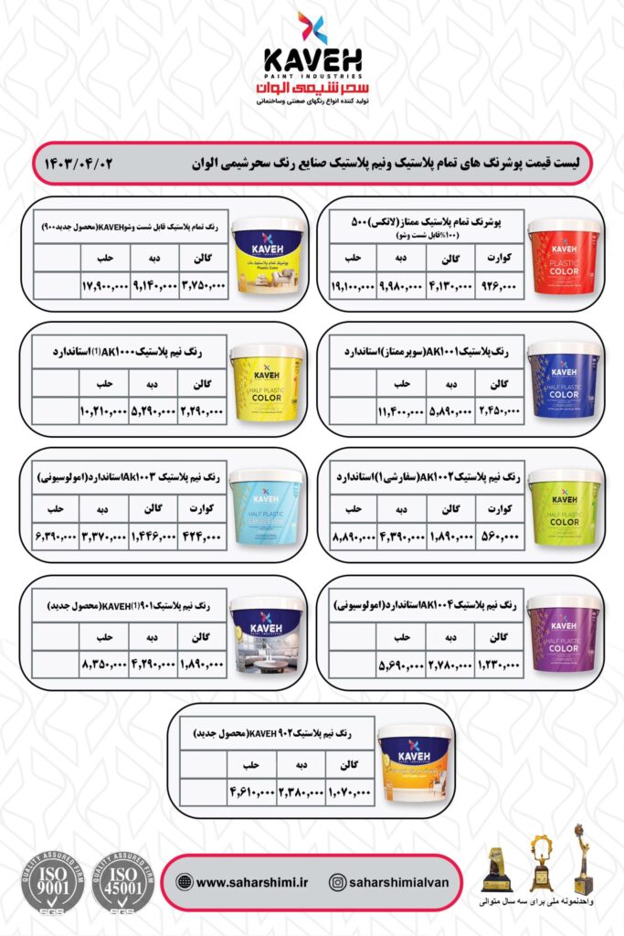 لیست قیمت پوشرنگ پلاستیک و نیمه پلاستیک